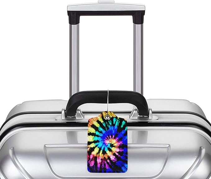 2pcs Tie Dye Luggage Tag for Suitcases Baggage, Colorful Rainbow Airport Crew Leahter Luggage Tag with Stainless Steel Loop and Full Back Privacy Cover for Travel Sports Girls Teens Adults