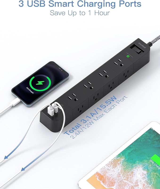 One Beat 10 ft Extension Cord,Power Strip Surge Protector 8 Widely AC Outlets 3 USB,Flat Plug,Desktop Charging Station with Overload Protection,Wall Mount for Home,Office,Computer ETL Listed,Black