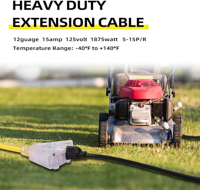 6 Ft Lighted Outdoor Extension Cord with 3 Electrical Power Outlets - 12/3 SJTW Heavy Duty Yellow Extension Cable with 3 Prong Grounded Plug for Safety, UL Listed