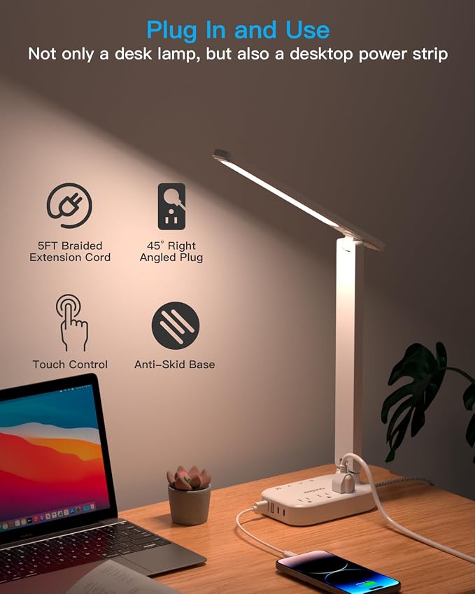 One Beat Small LED Desk Lamp Power Strip 5ft Extension Cord with 3 Outlets 4 USB Ports(2 USB C), 4 Modes, 5 Level Touch Lamp Study Reading Light, Home Office Bedroom College Dorm Room Essentials,White | One Beat 4 Modes 5 Level Brightness Touch Lamp, S...