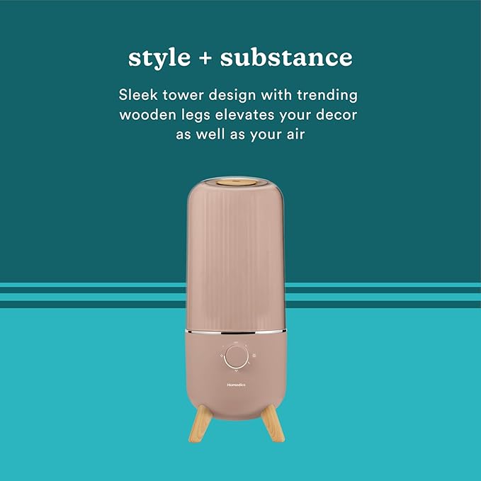 Homedics Ultrasonic Humidifier, Bedrooms and Home Offices, 0.97-Gallon Tank, 45-Hour Runtime, Visible Ultra-Quiet Cool Mist, Aromatherapy, Demineralization Cartridge, Night-Light, Auto-Off, Taupe