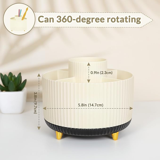 SKYDUE 360 Rotating Organizer, Dual-Purpose Pencil Pen Holder, 5-Slot Rotating Pencil Cup for Office, School, Home (Beige-Black)