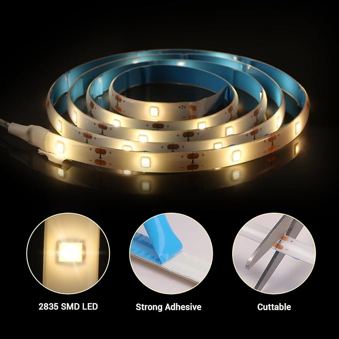 Battery Operated Motion Sensor Strip Lights, Cuttable, Waterproof, 3.3FT Motion Activated Led Light Strip Warm White for Cabinet Closet Kitchen Bathroom Stair Pantry Shelves Bed Indoor