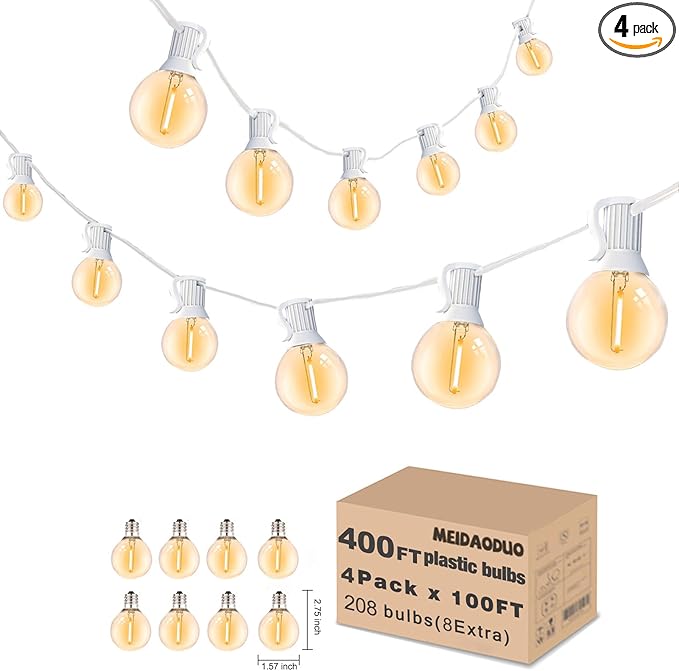 400FT White String Lights for Outside with 200+8 Extral LED G40 Bulbs Globe String Lights White Cord for Patio Pergola Gazebo Wedding Decoration, 4 x 100FT Connectable