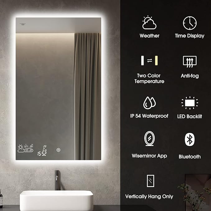 24X40 LED Bathroom Mirror with Lights, WiFi Smart Bluetooth Lighted Vanity Mirror for Bathroom with Backlit 2 Colors Dimmable Enabled Weather Display, Anti-Fog Vertically Hang Only