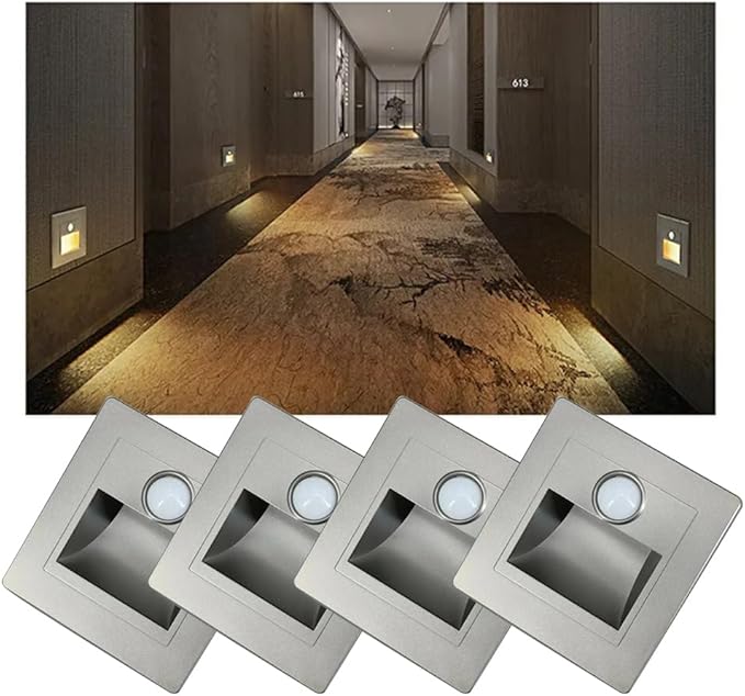 3W Motion Sensor Stair Lights 3000K Recessed LED Step Light Indoor Stair Step Wall Lamp Staircase Bedroom Decoration 4Pcs Silver