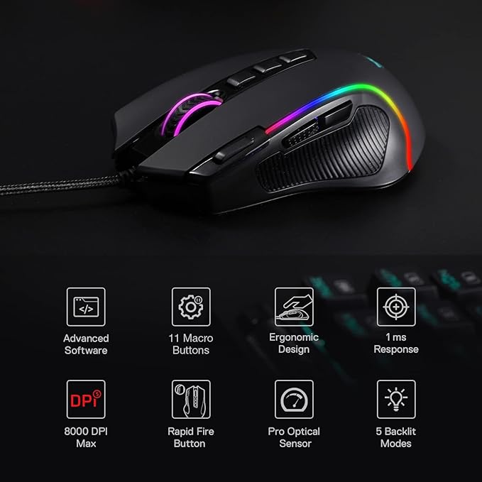 Redragon M612 Wired RGB Optical Gaming Mouse 8000 DPI Remapping Keys | Stable Lag-Free Connection, Redefine Keybinding Macro, Vibing Backlight, Ergonomic Grip Body Comfort