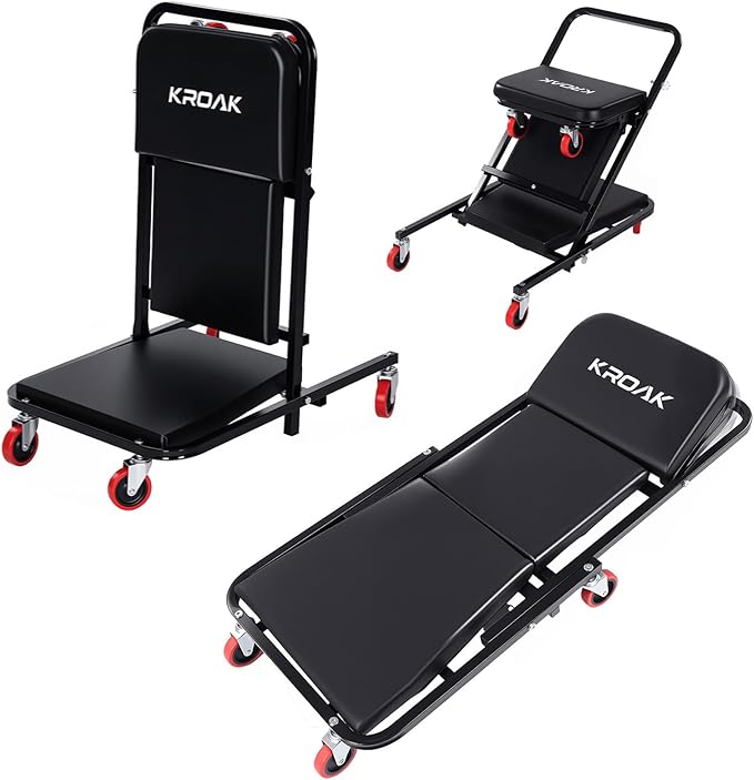 KROAK Creeper, 40 Inches 4 in 1 Z Creeper Seat 2025 Upgraded 450 lbs Capacity Garage Chair Adjustable Rolling Folding Car Creeper with 6 pcs 3" Wheels,Lay Down or Sit for Garage, Shop, Auto Repair