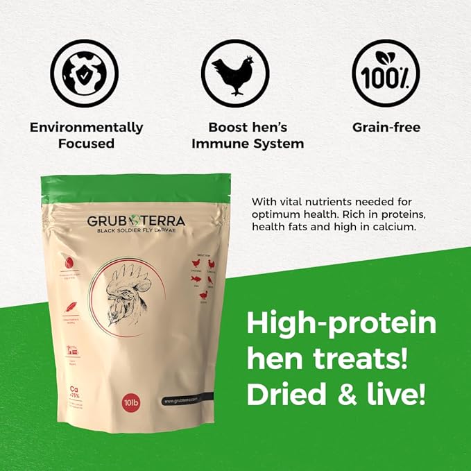 GrubTerra Golden Dried Black Soldier Fly Larvae - Premium Supplement to Increase Egg Production for Hen Treats, Bird Feed, Chicken Feeder, Pet Bird Food, and Wildbird Feed, Never from China! (1lb)