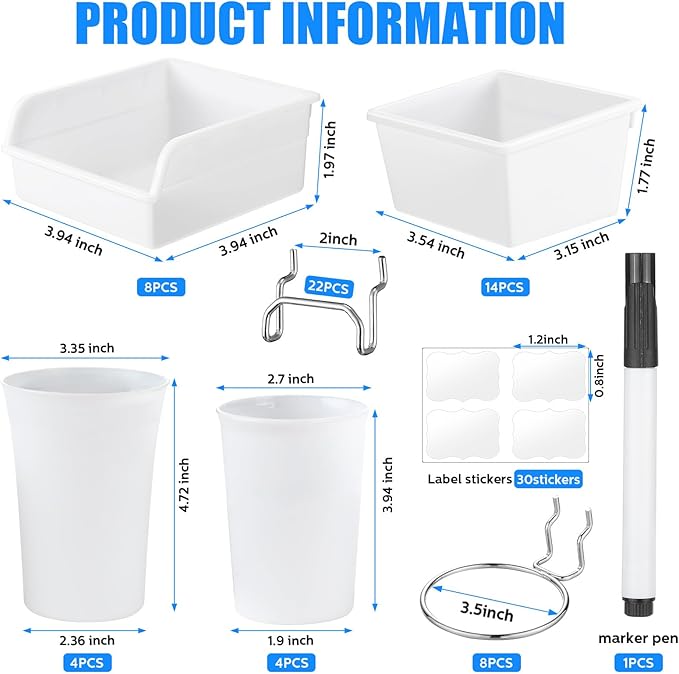Sieral 64 Pieces Pegboard Bins Pegboard Cups with Hooks and Loops Peg Hooks Assortment Organizer Accessory for Organizing Accessories Tools Storage Office Workshop Garage Workbench (White)
