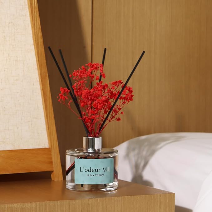 L'odeur Vill Reed Diffuser Set - Black Cherry Scented Home Fragrance, 6.7 oz (200ml) with 6 Oil Diffuser Sticks for Large Rooms and Bathroom Decor