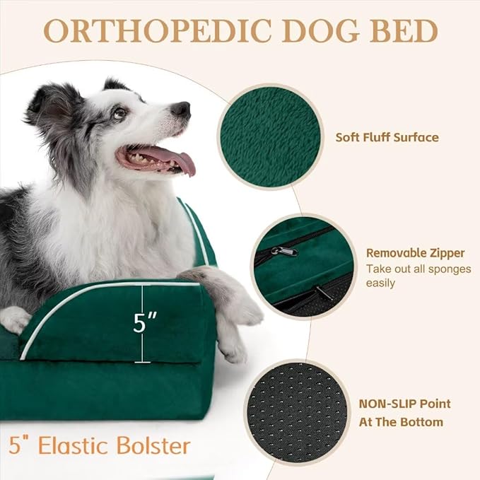 Comfort Expression Orthopedic Dog Bed for Extra Large Dogs 42x30 Inch, Waterproof Supportive Egg Crate Foam XL Pet Bed with Removable Bolsters, Dog Couch with Washable Cover & Non-Slip Bottom, Emerald