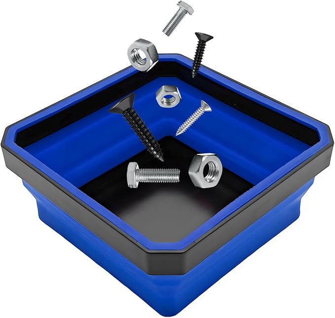 Collapsible Magnetic Parts Tray, 4.5" Square Silicone Tool Tray with Dual-Sided Magnetic Base, Foldable Small Metal Parts Organizer Storage Bowl for Screws Bolts Nuts Washers (Blue)