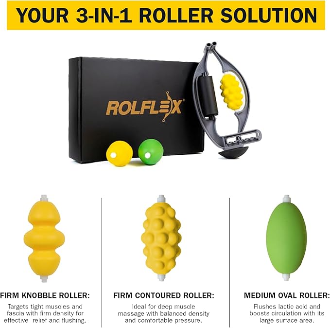 Rolflex The Massage Combo – 3-in-1 Roller for Muscles Deep Tissue with Firm Knobble, Contoured Muscle & Medium Oval Foam – Portable & Easy to Use Arm Massager & Leg Roller