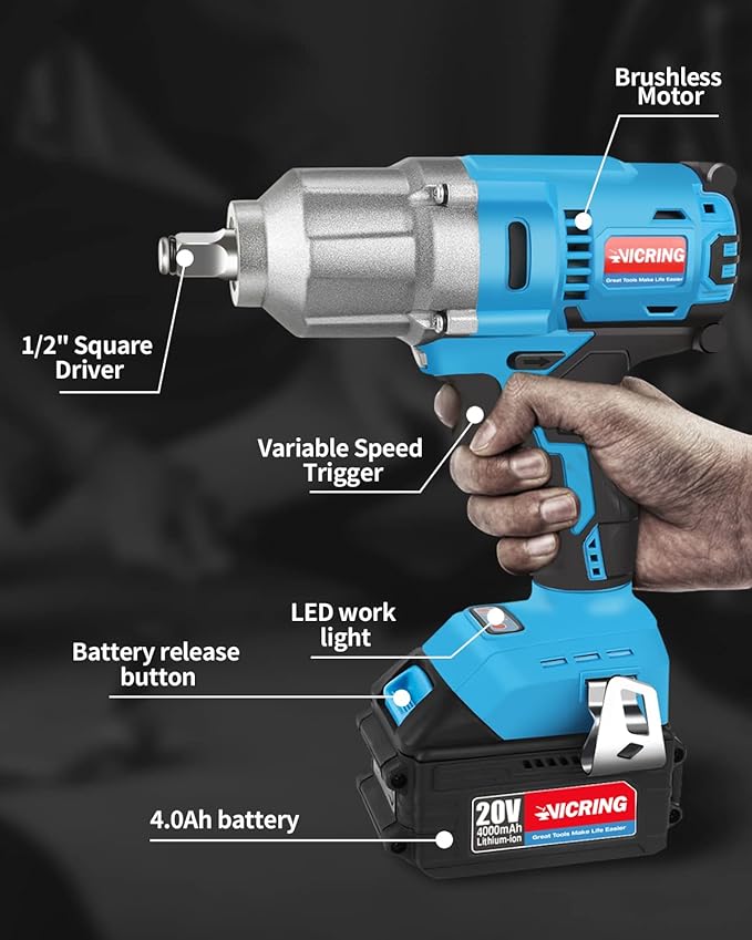 20V Cordless Impact Wrench - 1/2 Inch High Torque Electric Impact Driver With 4.0Ah Battery, Fast Charger and 4 Sockets