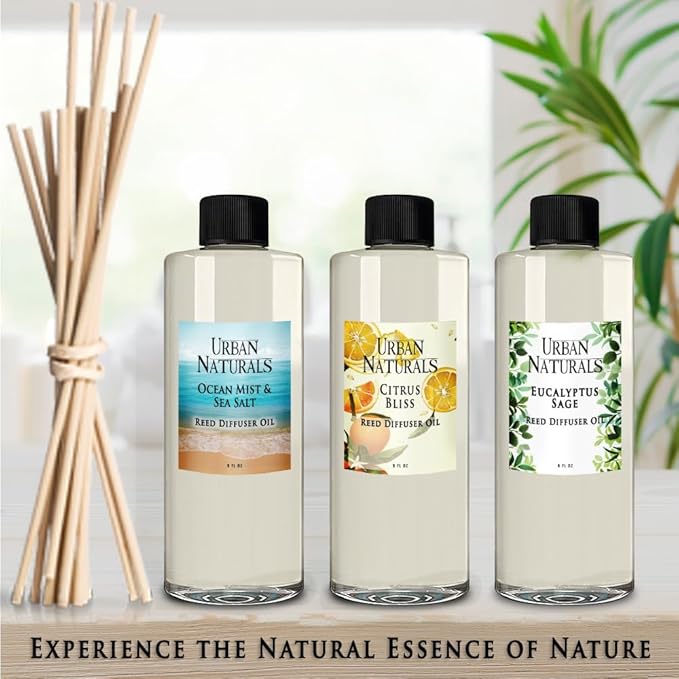 Urban Naturals Reed Diffuser Oil Refill Red Roses with White Peony, Cashmere Wood 8 oz + Free Reed Sticks, Made in the USA