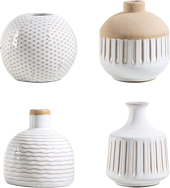 Boho Minimalist Small Ceramic Vase Set of 4 for Bedroom Living Room Office Fireplace Centerpiece Antique White Vintage Farmhouse Rustic Retro Flower Vases Home Decor Gift for Fake Plants
