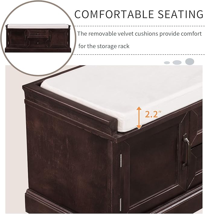 Entryway Storage Bench with Drawers & Cabinets — Cushioned Shoe Storage Bench for Hallway, Mudroom, or Living Room, Solid Wood Frame (Espresso)