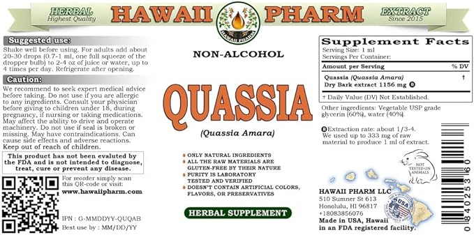 Quassia Alcohol-Free Liquid Extract, Quassia (Quassia Amara) Dried Bark Glycerite Natural Herbal Supplement, Hawaii Pharm, USA 2x32 fl.oz