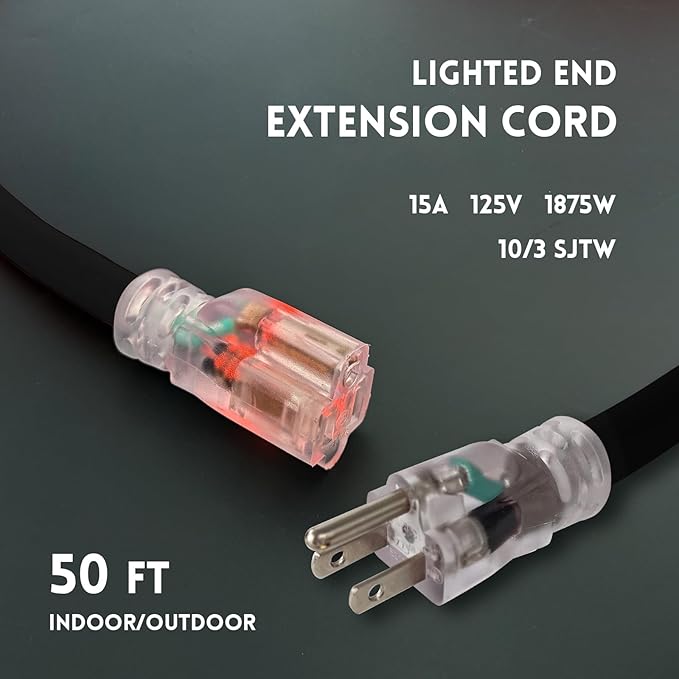 10 Gauge Heavy Duty Outdoor Extension Cord 50 FT, Waterproof Exterior Extension Cable with Lighted, 3 Prong Appliance Power Cord Outside, SJTW, 125 VAC, 15 Amp, 1875 Watts, Black