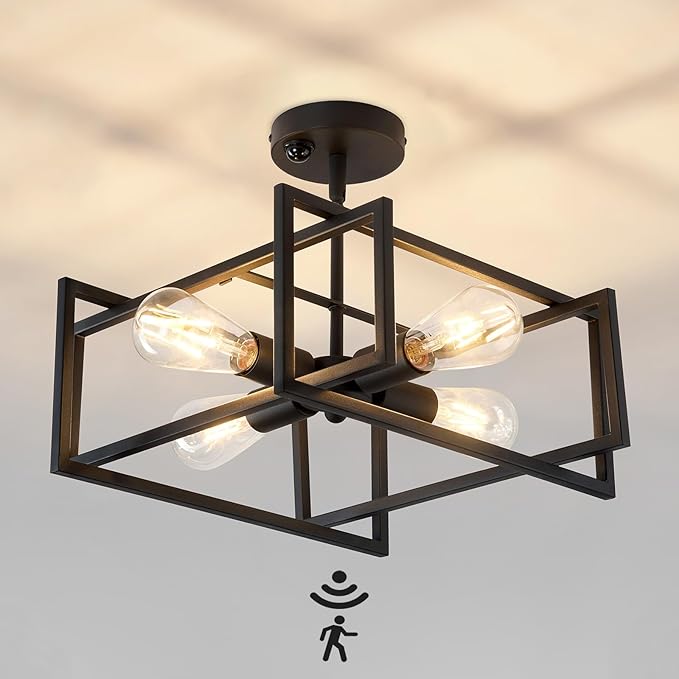 ZGLAOJT Motion Sensor Ceiling Light Fixture 4-Lights Semi Flush Mount Ceiling Light Black Industrial Indoor Chandelier for Kitchen Living Room Bedroom Farmhouse Hallway Foyer