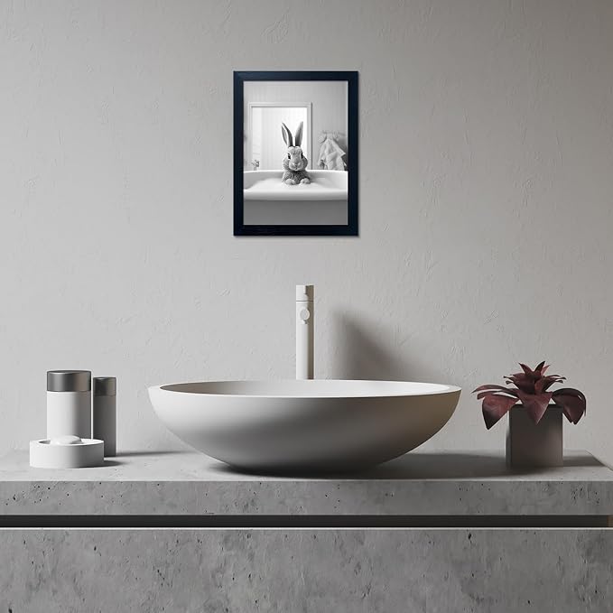 Kids Bathroom Wall Art Black and White Cute Animal Canvas Print Painting Funny Rabbit in Bathtub Bathroom Picture Wall Decor