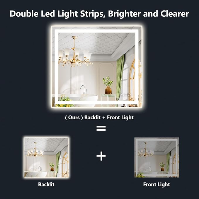 40x36 Inch LED Bathroom Mirror with Lights Front and Backlit Lighted Vanity Mirror for Bathroom Wall with 3 Colors Dimmable Anti-Fog Memory Shatter-Proof IP54 Waterproof Horizontal/Vertical
