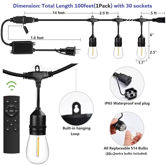 100FT Outdoor String Lights Remote Control Patio Lights Waterproof Commercial Grade, 30+2 Replaceable Dimmable Edison Bulbs, Black 1Pack, Linkable, Hooks and Zip Ties Included