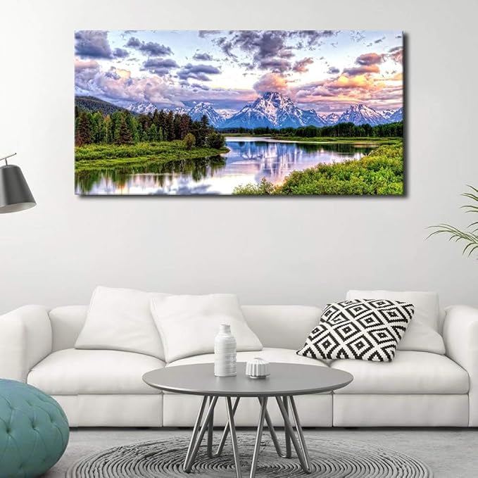 arteWOODS Nature Canvas Wall Art - Mountain River Forest Picture Oxbow Bend Grand Teton Landscape Wall Decor Artwork Green Painting Print for Living Room Bedroom Home Office Decoration 29" x 58"