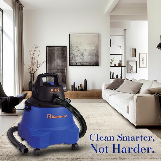 Koblenz Wet Dry Vacuum Cleaner, 9.0 Gallon Tank, 5.0 HP Powerful Vacuum for Dry and Wet Messes, Vacuum Cleaner and Blower, Accessories Included, Black+Blue (WD-9 L212)