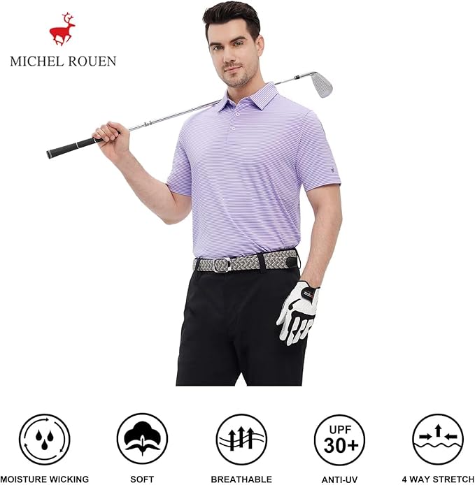 Mens Golf Shirt Moisture Wicking Dry Fit Performance Sport Short Sleeve Striped Golf Polo Shirts for Men