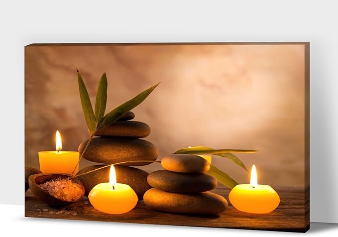 Zen Wall Art Decor, Modern Bathroom Zen Decor Wall Art, Zen Relaxing Canvas Wall Art for Spa Room Decor, Black Pebble and Lighted Candles Zen Art Prints for Office & Spa Wall Decor 18x24 Inches