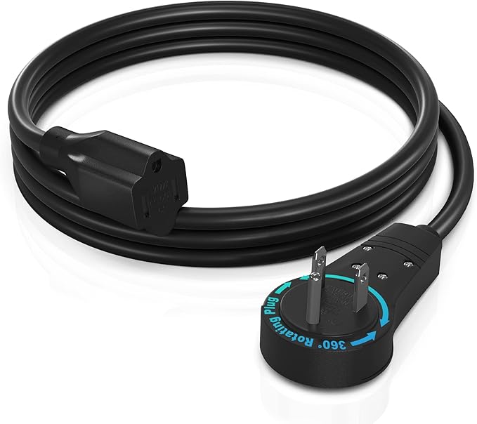 Maximm Cable 4 Feet 360° Rotating Flat Plug Extension Cord/Wire, 3 Prong Grounded Wire 16 Awg Power Cord - Black UL Certified