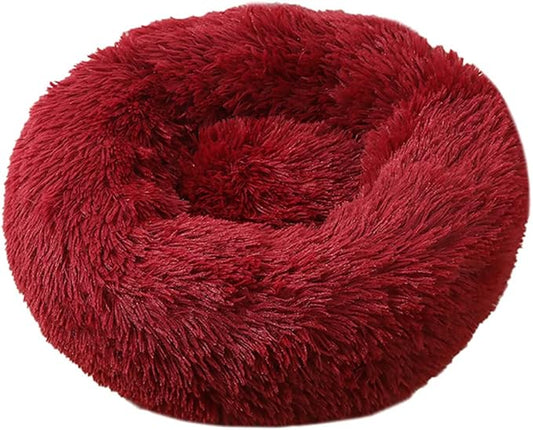 Calming Faux Fur Dog Beds Calming Donut Cuddler Dog Bed Washable Round Cat Bed Pillow Cuddler Fluffy Indoor Dog Calming Beds with Anti Slip Bottom Solid Color Dark Red 23 Inch