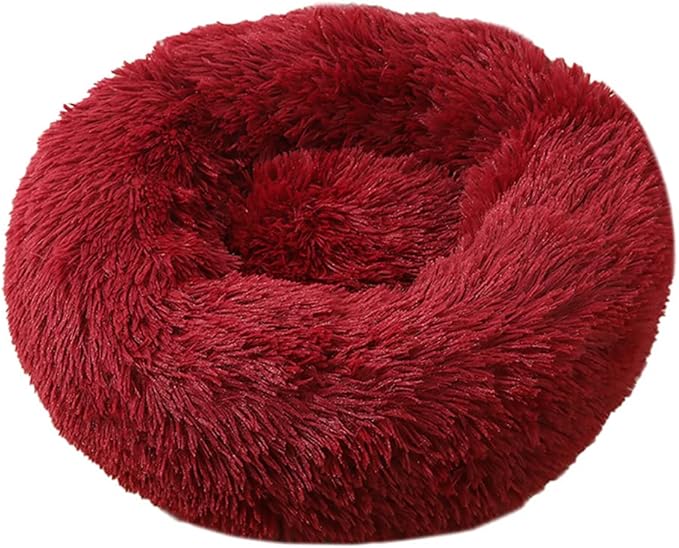 Calming Faux Fur Dog Beds Calming Donut Cuddler Dog Bed Washable Round Cat Bed Pillow Cuddler Fluffy Indoor Dog Calming Beds with Anti Slip Bottom Solid Color Dark Red 47 Inch
