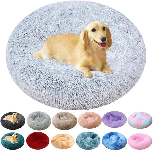 Calming Small Dog Bed & Cat Bed, 16 Inch Donut Fluffy Anti-Anxiety Round Bed Washable Cute Bed, Cuddler Warming Cozy Soft Bed, Plush Cushion Bed for Small Medium Dogs and Cats (Grey White)