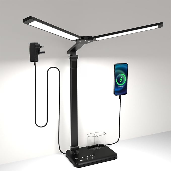 Woputne LED Desk Lamp Dual Heads, Dual USB Port, Height Adjustable, 15W | 5 Light Modes & Dimmable Brightness,Desk Lamps for Home Office Bedside Lamp for Reading, Craft, Work, Study (Black)