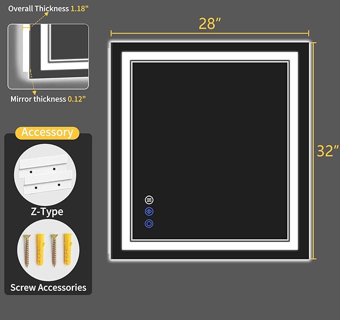 28X32 LED Bathroom Mirror with Lights, Anti-Fog, Backlit + Front Lit, Dimmable, Led Vanity Mirror for Wall, Lighted Bathroom Mirror, 3 Colors, Shatter-Proof Tempered Glass