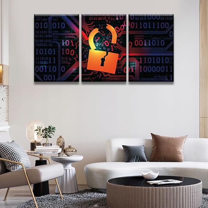 LSIUHWUWI 3 Panel Canvas Wall Art Hacking Firewall Hacked with Binary Code Posters and Prints for Living Room Wall Decoration, AI Artwork Giclee Wooden Framed Ready to Hang, 16x24inchx3