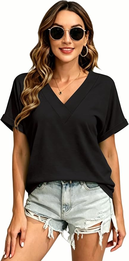 T Shirts Short Sleeve V Neck Tees Womens Tops Beach Vacation Fashion Clothes 2026 Casual Summer Spring Fall Outfits