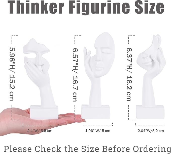 3 Pcs Thinker Small Statue Set - White Art Abstract Home Accent Figurines for Decor Woman Apartment Bookshelf Floating Shelf Coffee Table Office Desk Bathroom Counter Decor (3 Pcs White, 6")