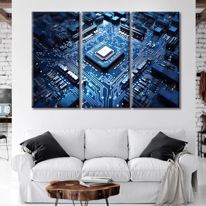 CPU Concept Canvas Wall Art for Living Room Home Decor Technology Blue AI Poster Prints on Canvas 3 Pieces Chip Wall Decorations for Bedroom Bathroom Office Framed Ready to Hang, 60"Wx40"H