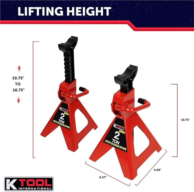 K Tool International 61201 2 Ton Automotive Jack Stands for Garages, Repair Shops, and DIY, Lightweight, 4,000 lbs. Capacity, Heavy Duty Steel Frame, Adjustable Height 10.75"-16.73", Red/Black, Pair