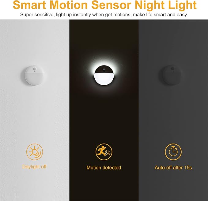 6 Pack Battery Night Light, Toilet Lights, 2.6" Small Motion Senor Light, Stick on Lights, 3 Light Modes, Dimmable LED Nightlight for Closet, Stairs, Garage, Cabinet, Toliet, Daylight White