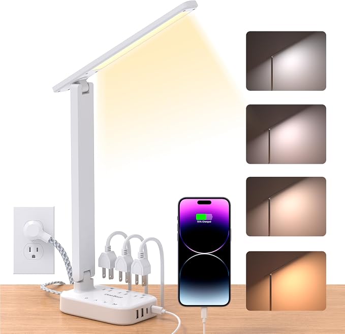 One Beat Small LED Desk Lamp Power Strip 5ft Extension Cord with 3 Outlets 4 USB Ports(2 USB C), 4 Modes, 5 Level Touch Lamp Study Reading Light, Home Office Bedroom College Dorm Room Essentials,White | One Beat 4 Modes 5 Level Brightness Touch Lamp, S...