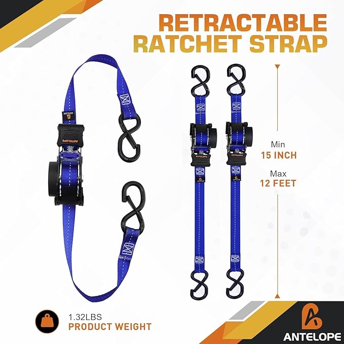 Retractable Ratchet Straps (2PK) - 1 in x 12 ft Automaitc Ratchet Tie Down Straps with Soft Loops, 1500lb Break Strength Self Retracting Strap for Motorcycle, Truck, Cargo, Trailer, ATVs, UTVs -Blue