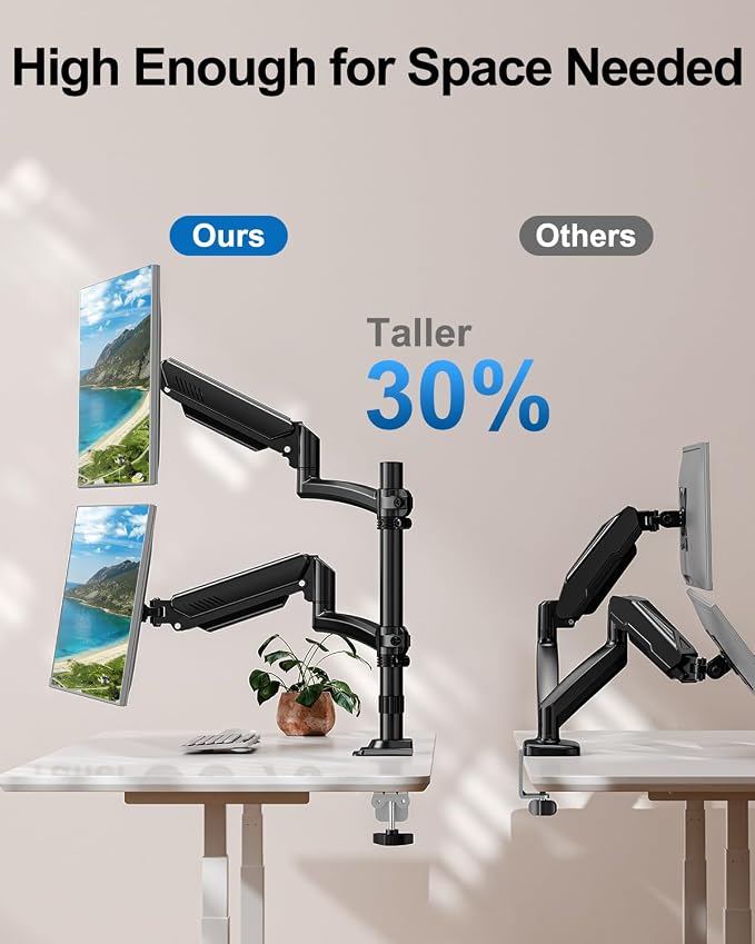 Dual Monitor Stand for Computer Screen up to 32", Holds 22 lbs Each | Taller Monitor Arms Desk Mount, Height Adjustable Gas Spring VESA Mount with C-clamp Grommet Mounting, Black, Freelift