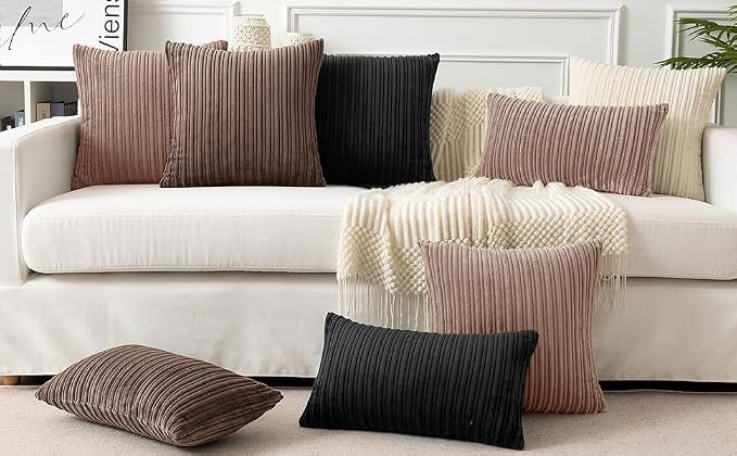 UGASA Fall Velvet 12x20 Inch Lumbar Soft Throw Pillow Covers Decorative Corduroy Striped Both Sides Solid Rectangular Cushion Cases Boho Farmhouse for Couch Bedroom Sofa Home, Pack of 2, Dark Brown