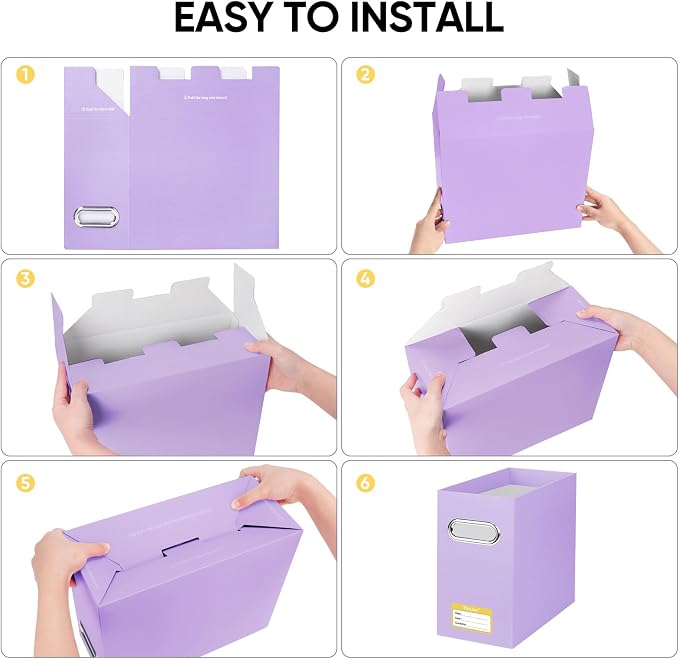 BALEINE File Organizer Box, Cardboard File Folder Organizer with Handle for Letter Size, Portable Collapsible Hanging Filing Box for Home Office Document Storage (4 Pack, Lavender)