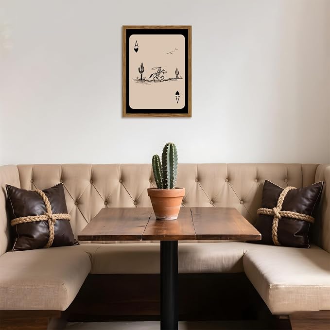 Western Cowboy Wall Art Vintage Southwest Wall Decor Painting, Western Playing Card Canvas Prints, Retro Cactus Sketch Artwork for Bedroom Living Room 12x16 inch Wood Framed